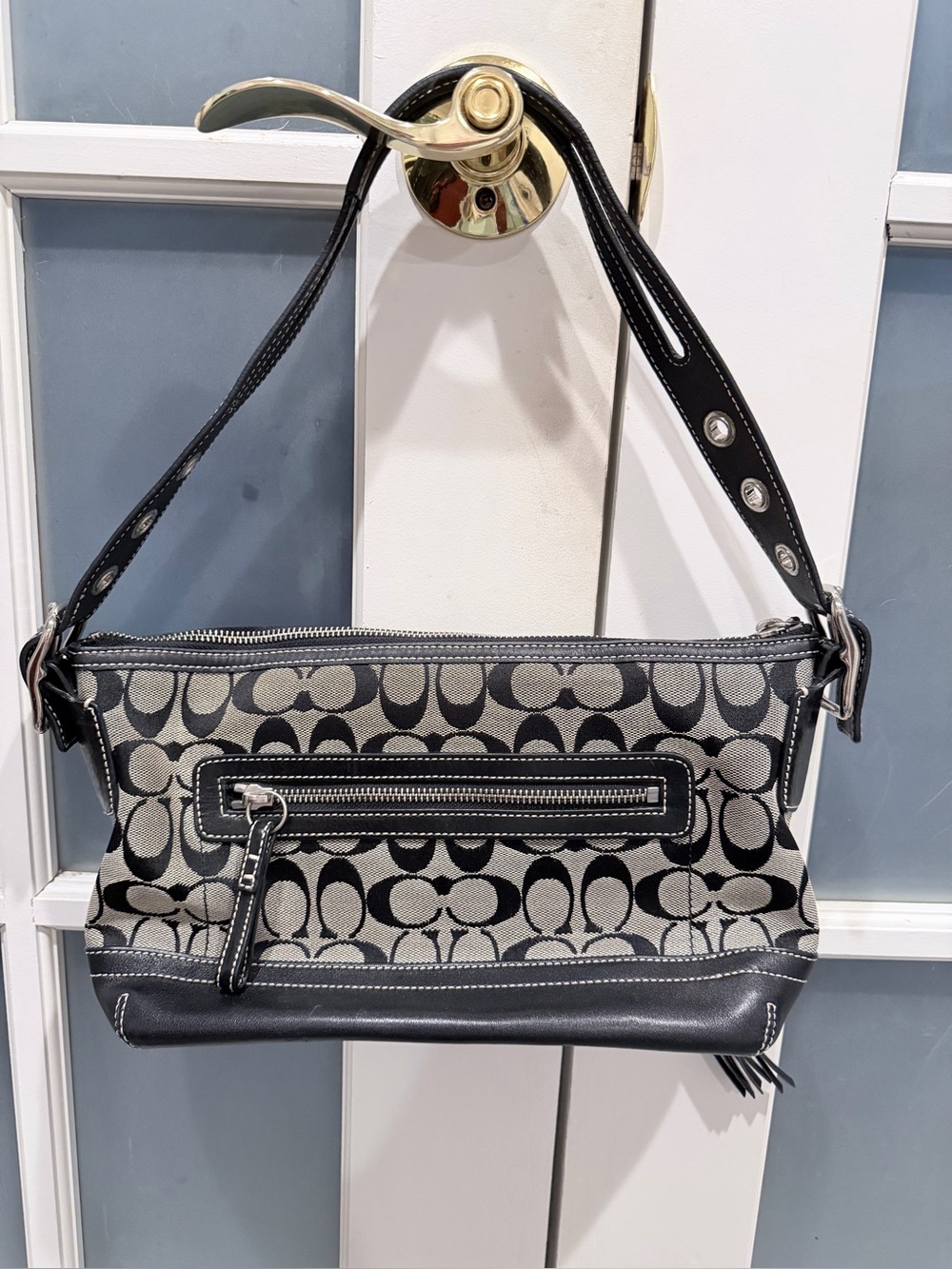 Coach Black and Gray Signature Canvas Shoulder Bag